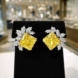 Yellow Cushion Cut Crystal Stud Earrings Marquise Cluster Two Tone Statement